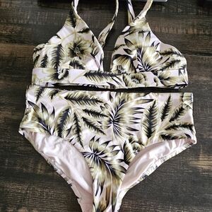 Seafolly Pink Floral Palm Print Bikini Set with Olive and Black Accents